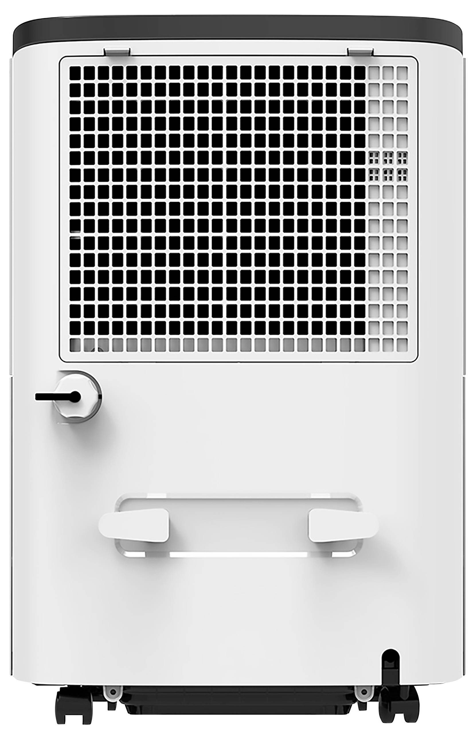 Ein weißer Luftentfeuchter mit schwarzem Gitter an der Vorderseite und Rädern unten für einfache Bewegung.