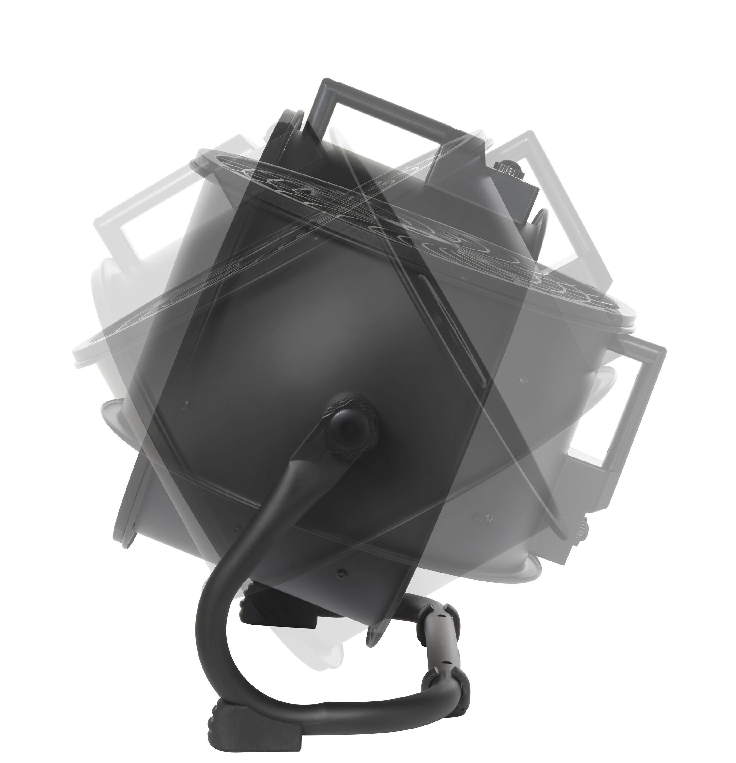 Ein schwarzer Scheinwerfer schwenkt in mehreren Positionen.