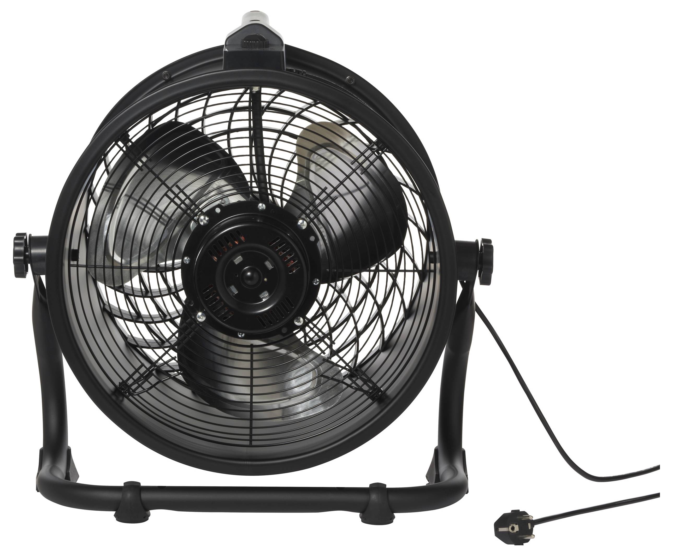 Schwarzer Tischventilator mit runden Schutzgittern und Kabel, möglicherweise für den Innenbereich geeignet.