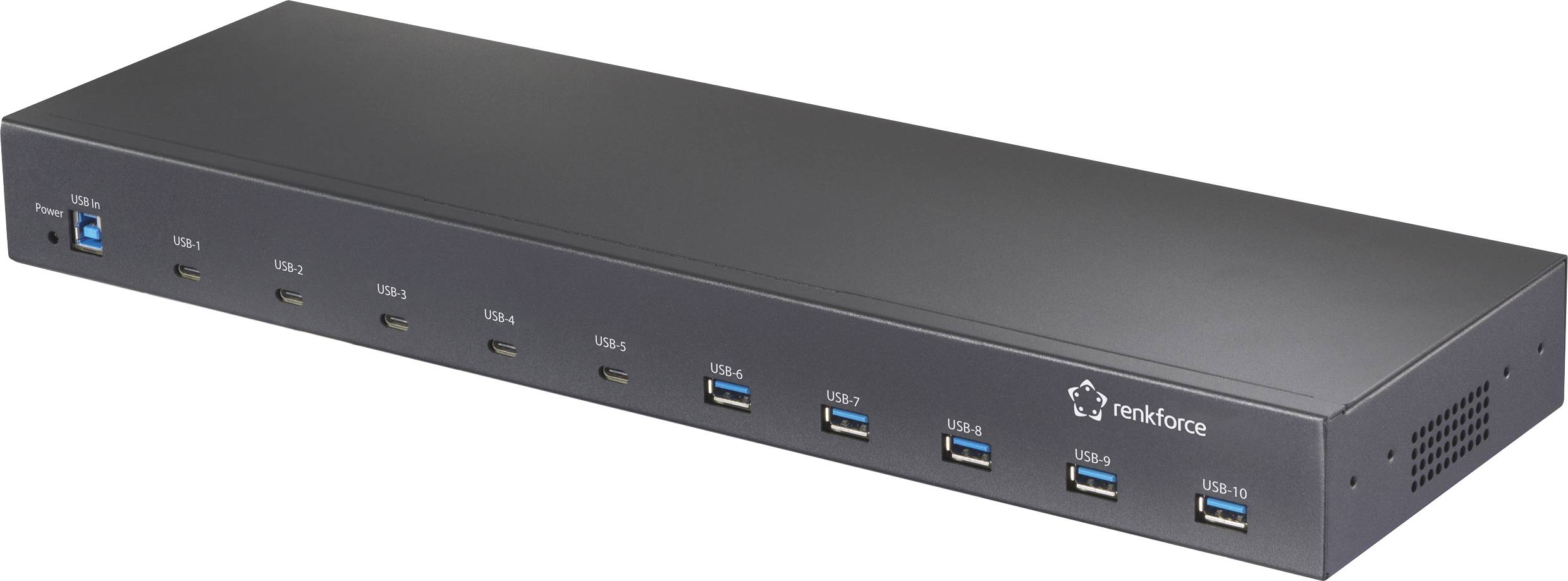 Renklforce USB-Hub mit mehreren USB 3.0- und USB-C-Anschlüssen, entwickelt zur Erweiterung der Konnektivitätsmöglichkeiten für elektronische Geräte.
