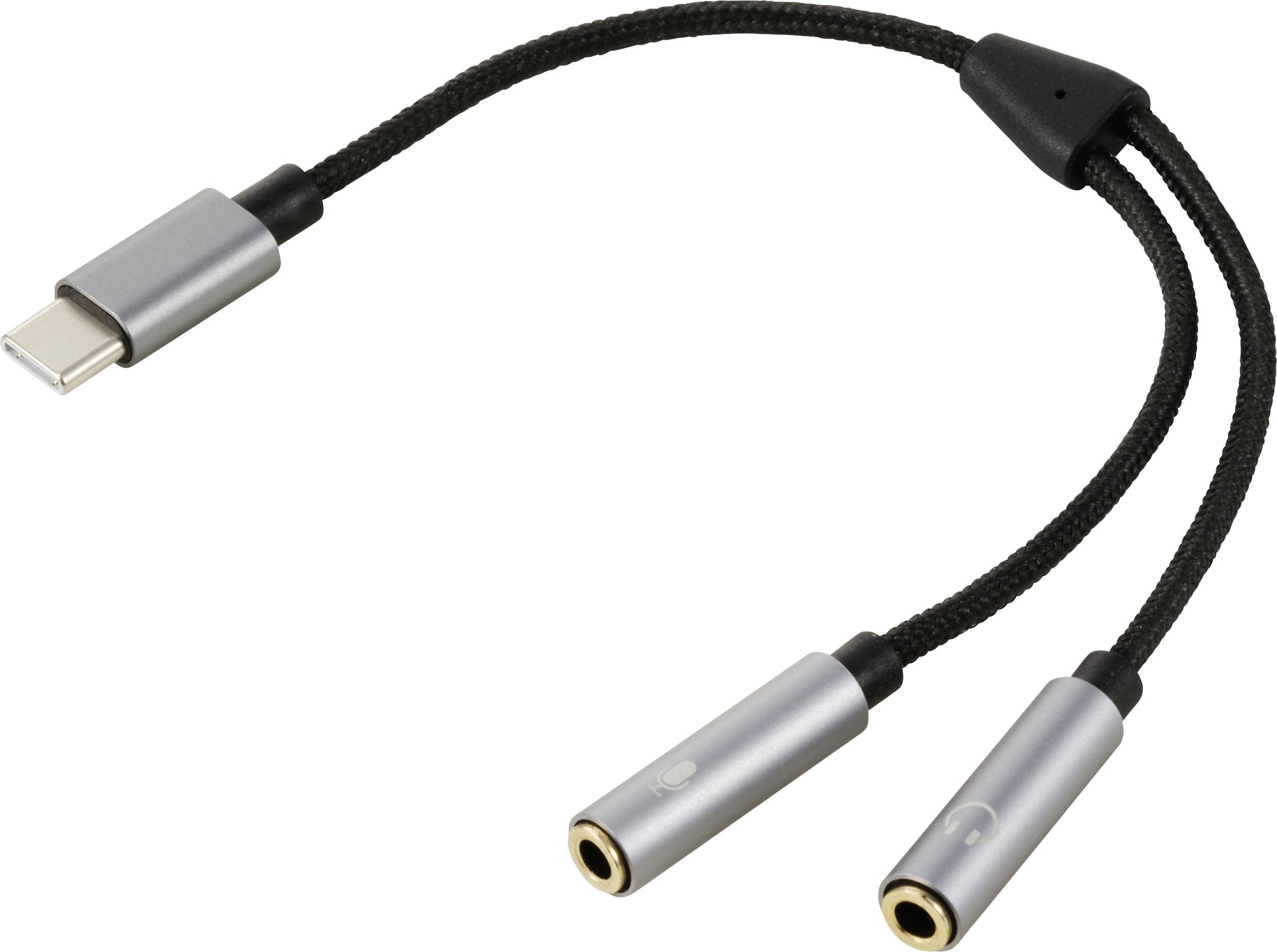 'USB-C-zu-Dual-3,5-mm-Klinke Adapter' zeigt einen Adapter mit einem USB-C-Stecker und zwei 3,5-mm-Audiobuchsen.