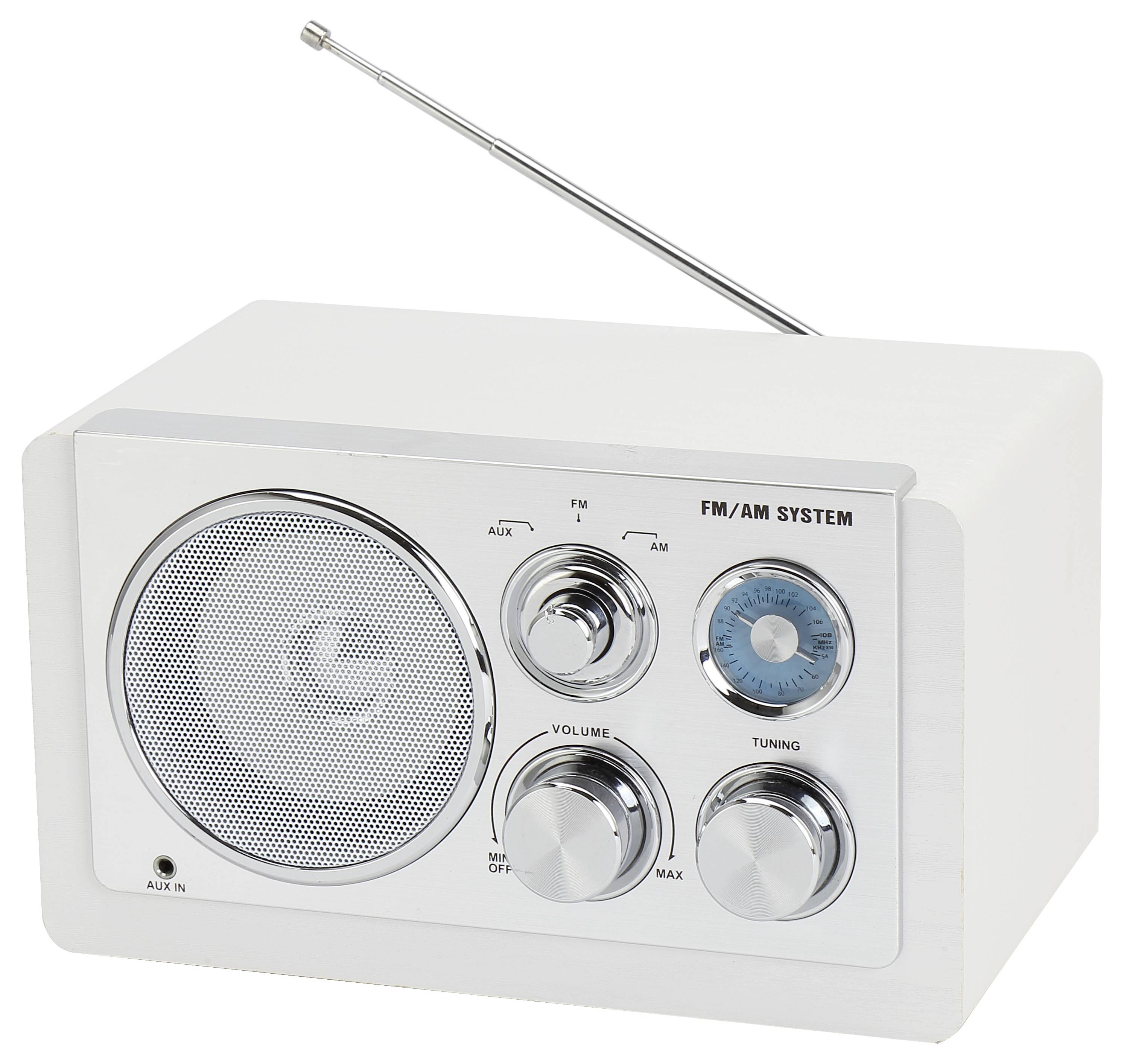 Weißes FM/AM-Radio mit Lautsprecher, Lautstärke- und Tuning-Regler sowie Antenne.