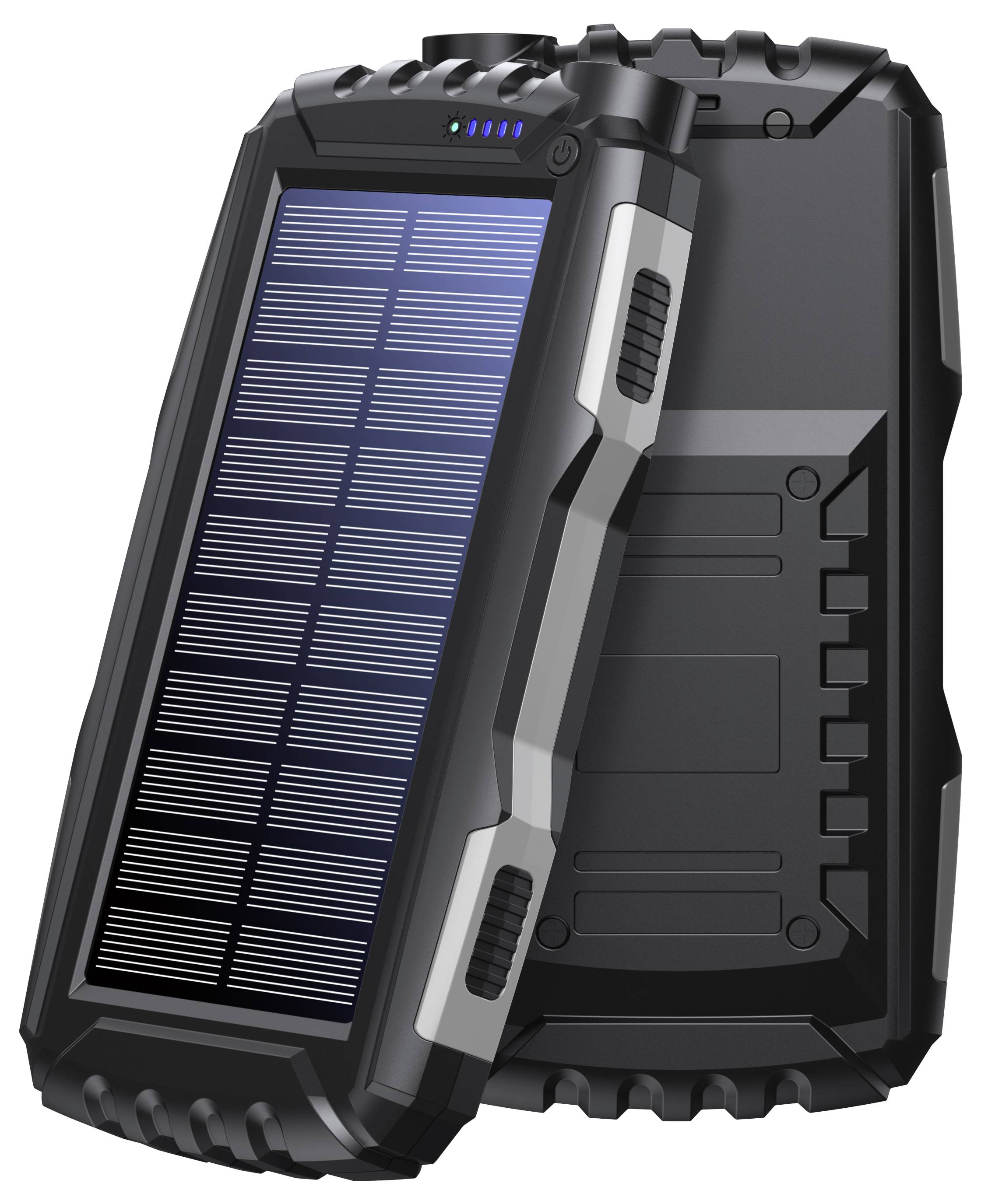 Tragbare Powerbank mit Solarpaneel auf der Vorderseite, robustes Design, geeignet für Outdoor-Aktivitäten und autarke Energieversorgung.