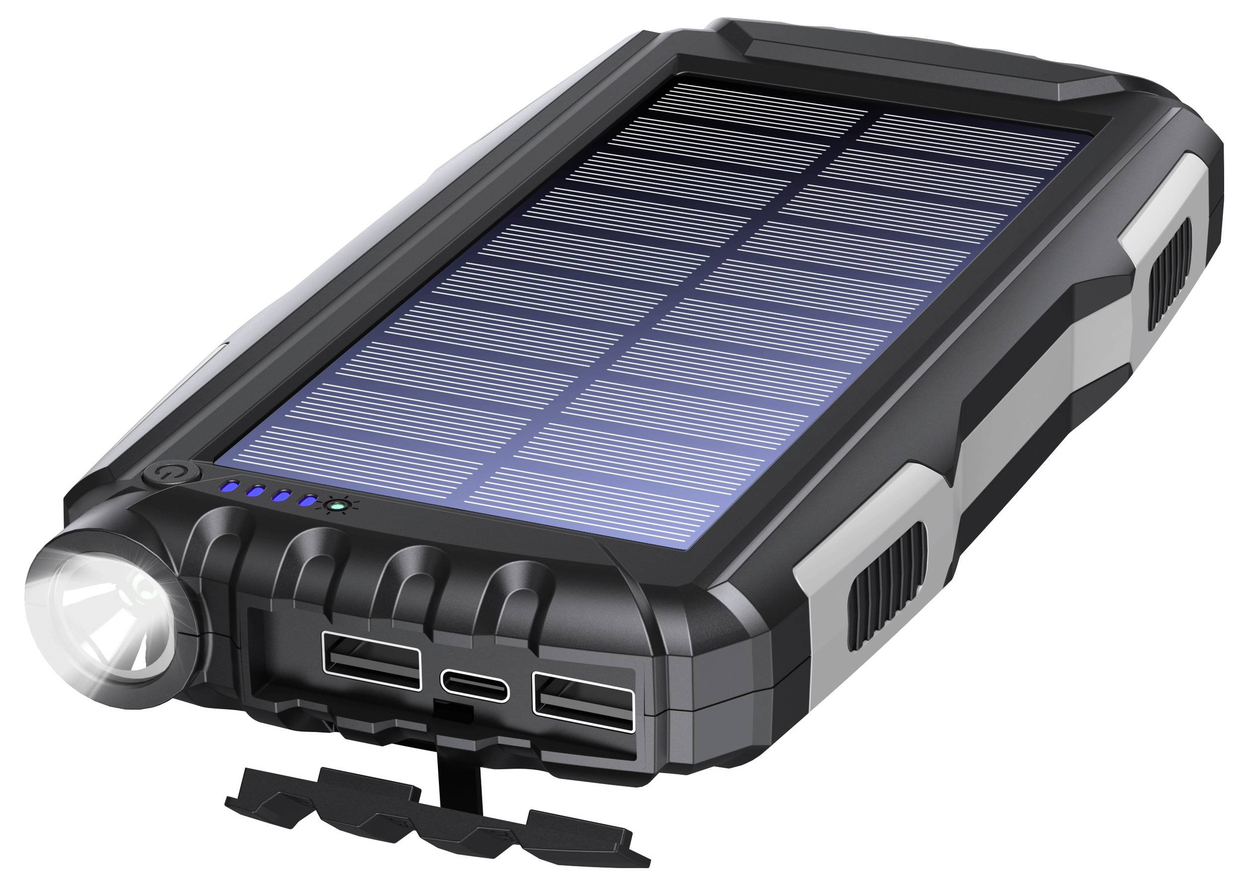 Tragbares Solarladegerät mit integriertem Taschenlampenlicht, zwei USB-Anschlüssen und widerstandsfähigem Gehäuse.