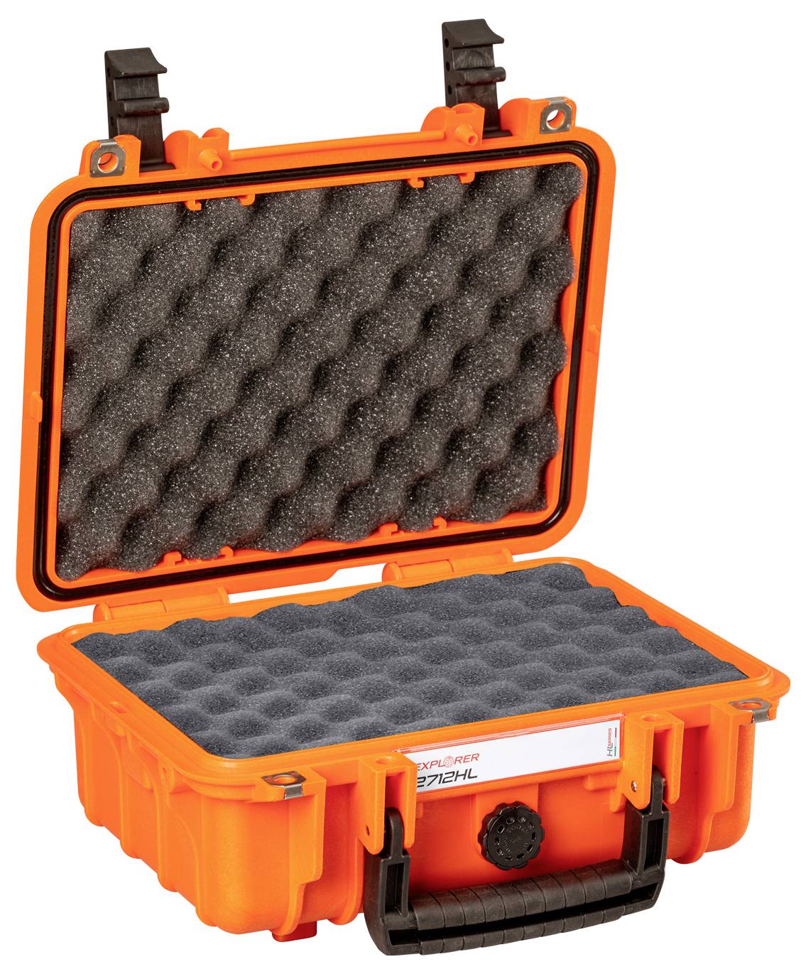 Oranger Hartschalenkoffer mit Schaumstoffeinlage, geöffnet. Geeignet für den sicheren Transport von empfindlichen Gegenständen.