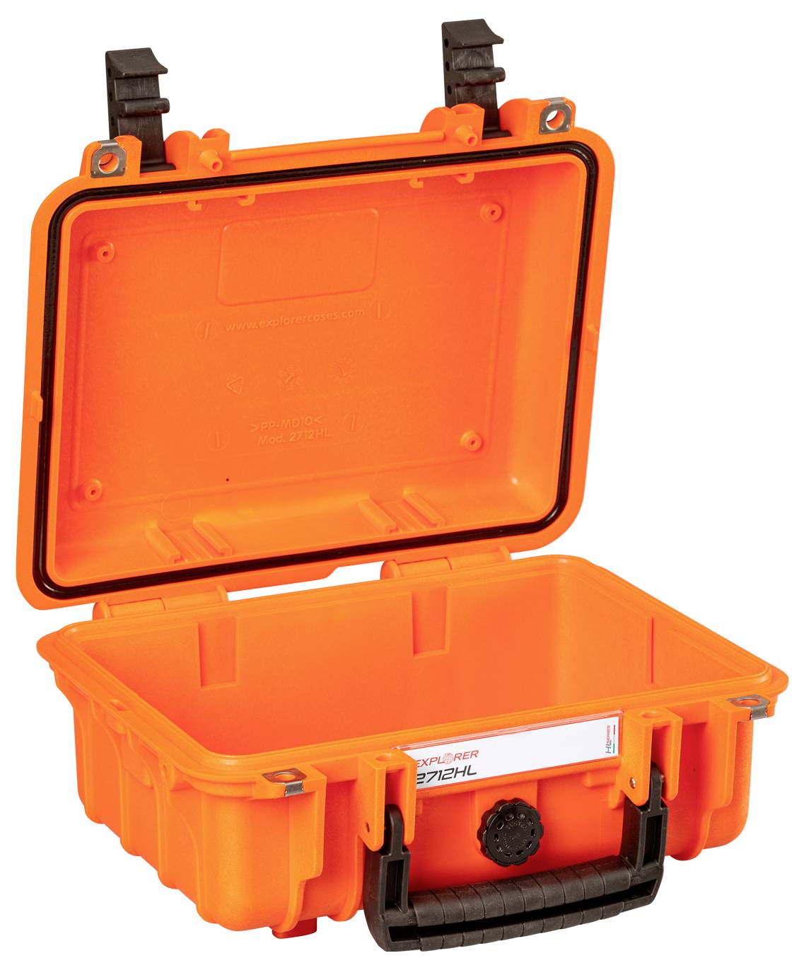 Ein offener, orangefarbener Schutzkoffer mit zwei schwarzen Verschlüssen und einem Griff, geeignet für Transport und Aufbewahrung.