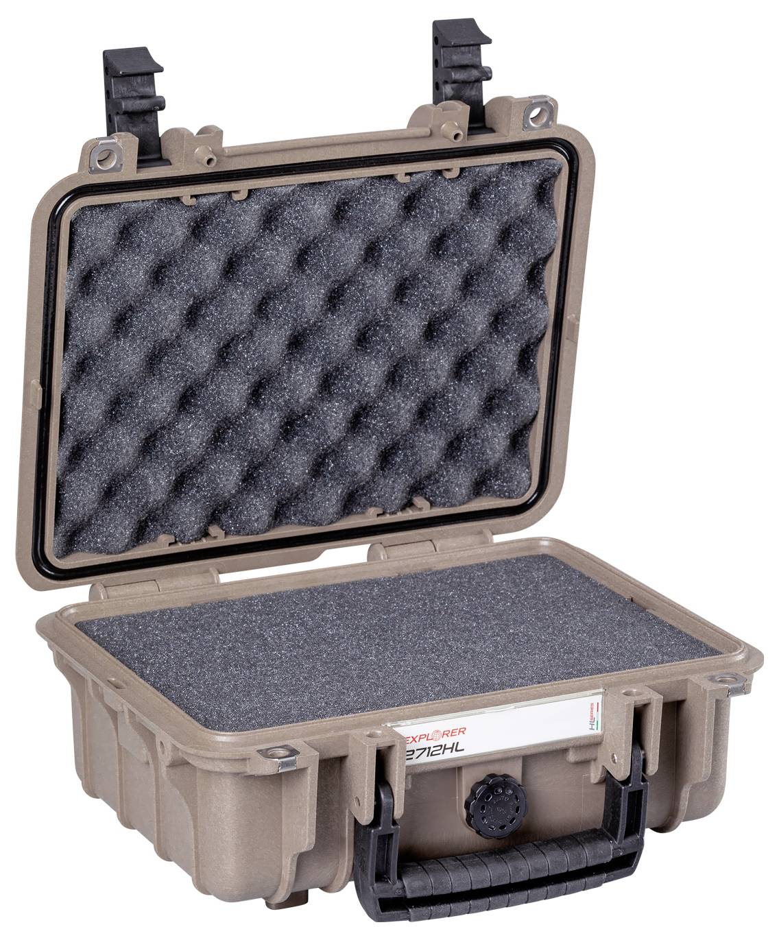 Ein offener, robuster Koffer mit Schaumstoffpolsterung und Tragegriff. Geeignet für sicheren Transport empfindlicher Gegenstände.