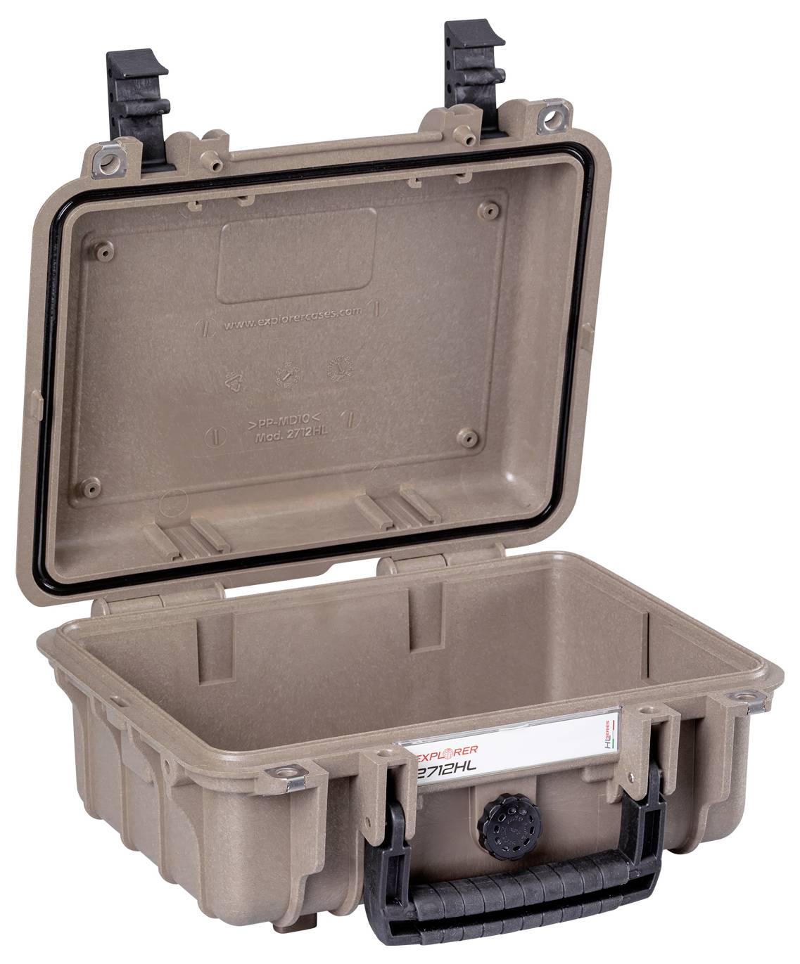 Ein geöffneter, stabiler, brauner Hartschalenkoffer mit schwarzem Griff und Schnallen, geeignet für den sicheren Transport empfindlicher Gegenstände.