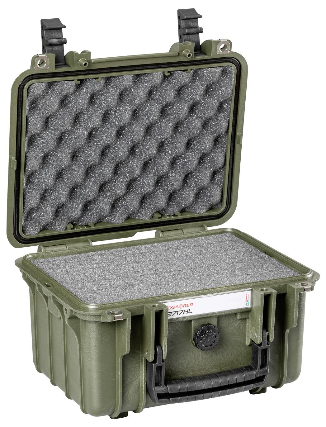 Grüner, stabiler Koffer mit Schaumstoffpolsterung im Inneren. Deckel ist geöffnet, zeigt Schutz für empfindlichen Inhalt.