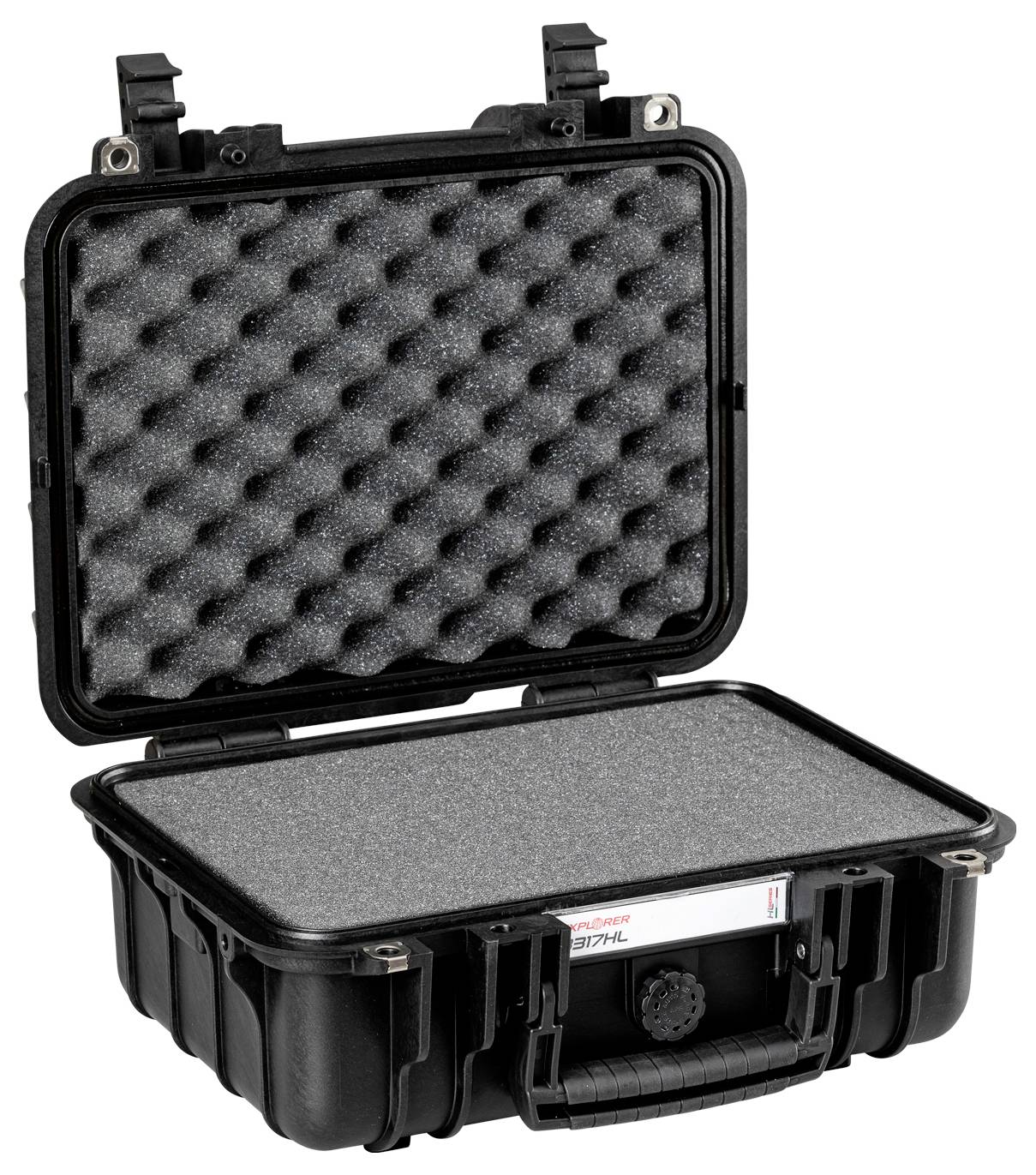 Offener schwarzer Hartschalenkoffer mit Schaumstoffeinlage, bereit zum Schutz von zerbrechlichen Gegenständen.
