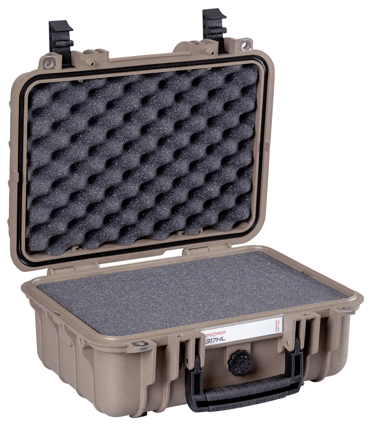 Ein stabiler, brauner Hartschalenkoffer mit offener gepolsterter Innenausstattung zum Schutz empfindlicher Geräte.