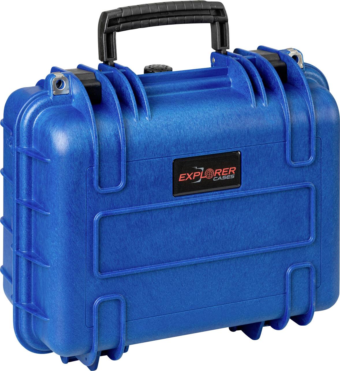 Ein blauer, robuster Koffer mit schwarzem Griff und rotem 'Explorer Cases'-Logo auf der Vorderseite. Ideal für den sicheren Transport.