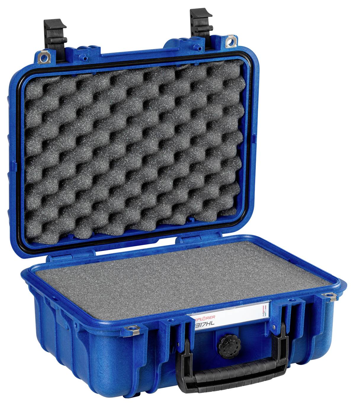 Blauer, offener Kunststoffkoffer mit Schaumstoffeinlage, geeignet zum sicheren Transport empfindlicher Gegenstände.