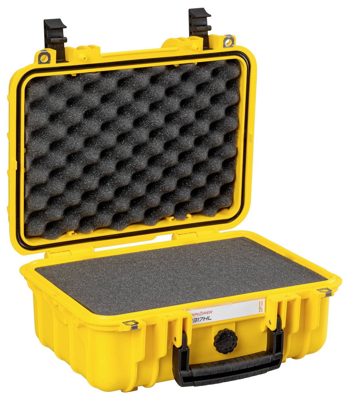 Ein gelber, offener Schutzkoffer mit Schaumstoffeinlage, geeignet für sicheren Transport empfindlicher Gegenstände.
