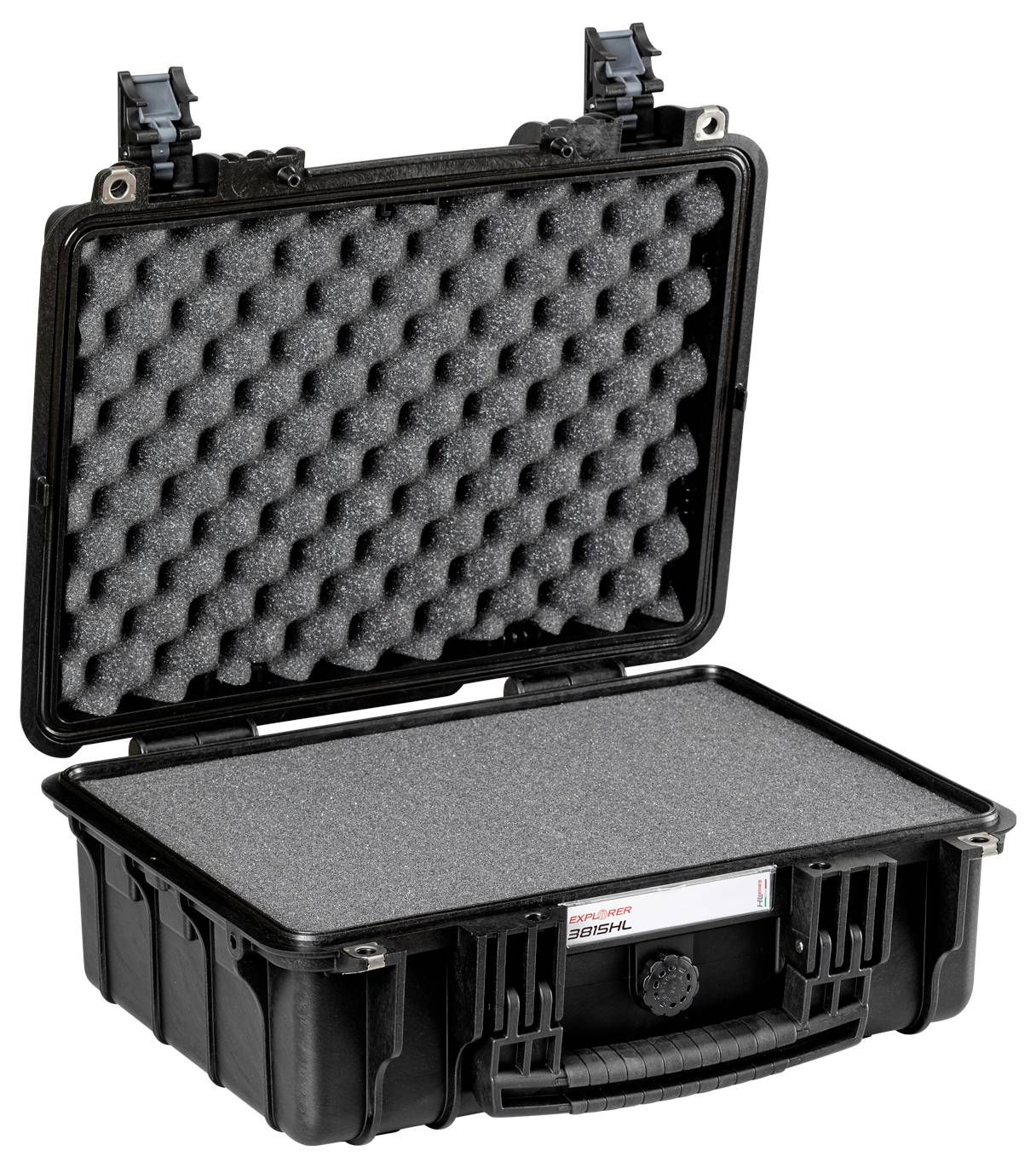 Ein geöffneter schwarzer Schutzkoffer mit Schaumstoffeinlage. Ideal für sicheren Transport empfindlicher Geräte.