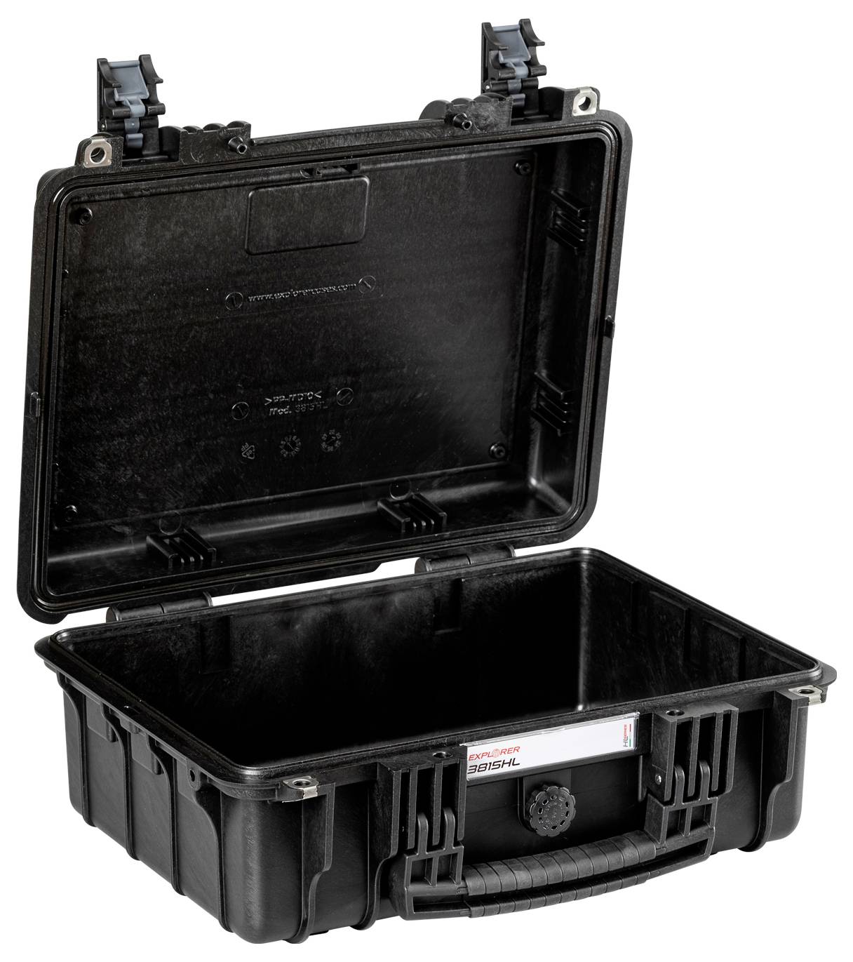 Schwarzer, offener Schutzkoffer mit robusten Scharnieren, geeignet für den sicheren Transport empfindlicher Geräte oder Werkzeuge.