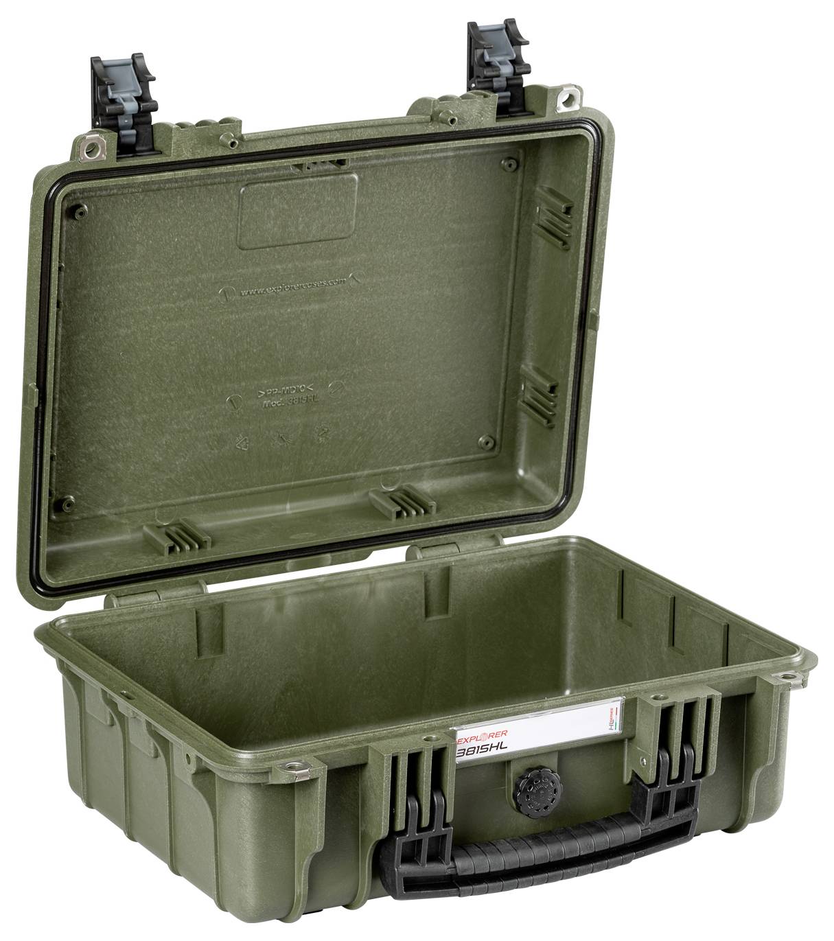 Offener grüner, robuster Koffer mit Schaumstoffpolsterung im Inneren. Perfekt für sicheren Transport empfindlicher Gegenstände.