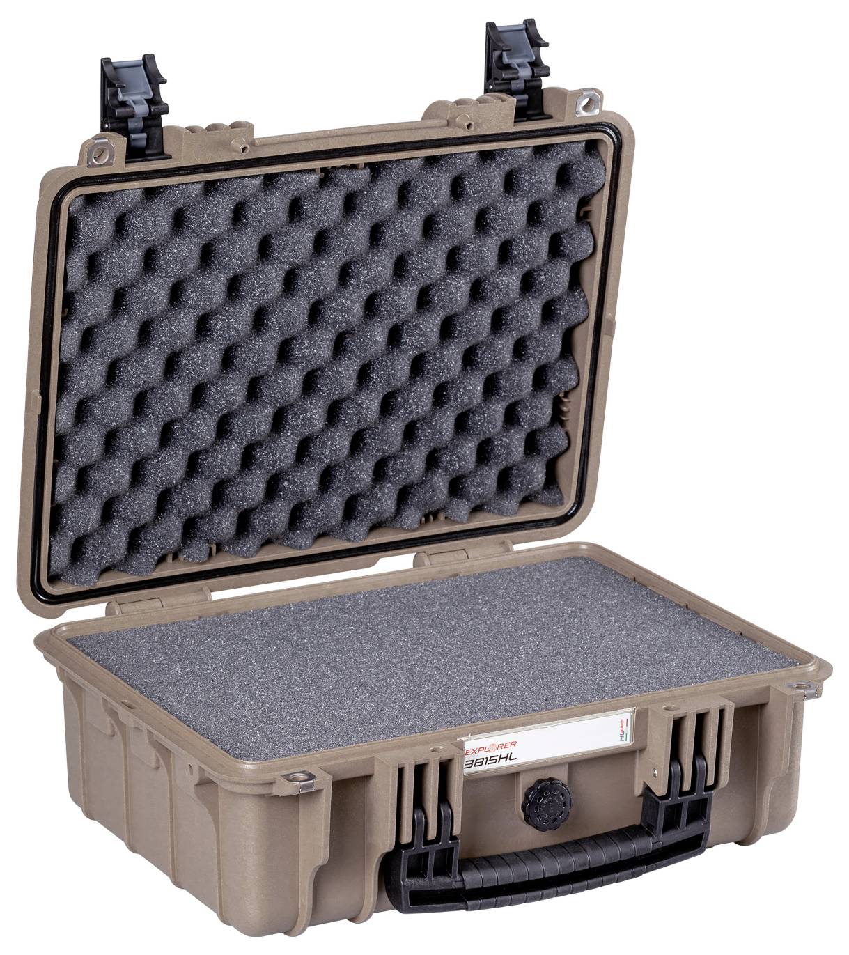 Ein geöffneter, gepolsterter Koffer mit Schaumstoffeinlage zum Schutz von empfindlichen Gegenständen.