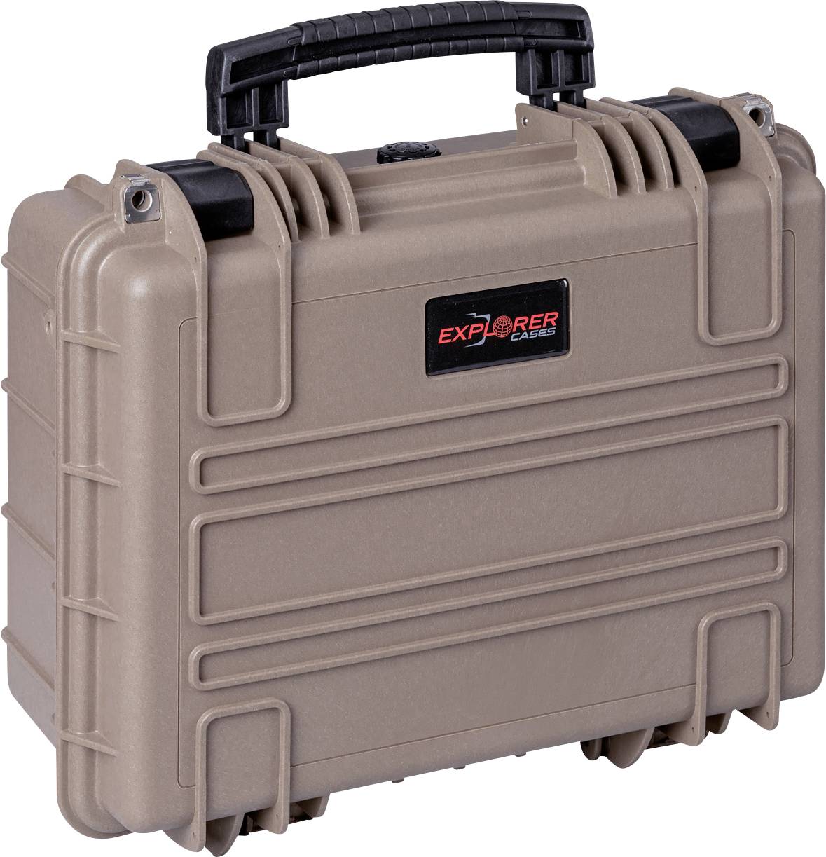 Ein robuster, rechtwinkliger, beige Koffer mit schwarzem Tragegriff und rotem 'Explorer Cases'-Logo auf der Vorderseite. Ideal für den Schutz empfindlicher Ausrüstung.
