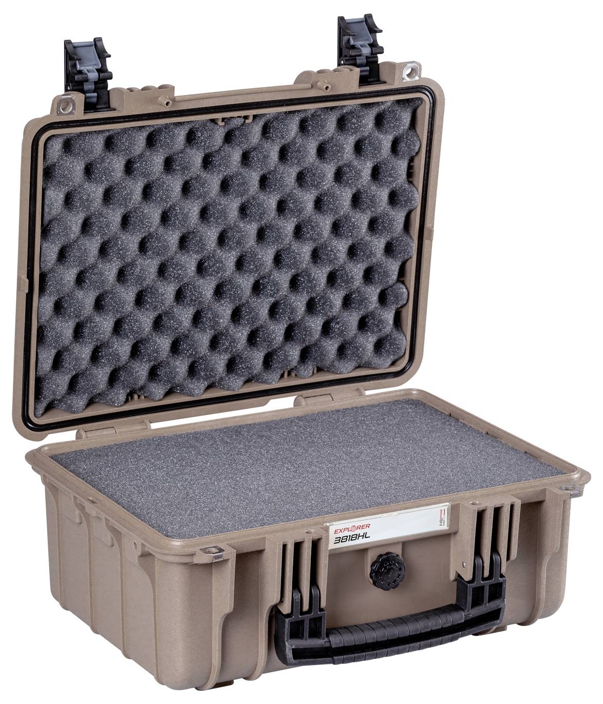 Ein geöffneter, brauner Schutzkoffer mit Schaumstoffpolsterung im Deckel, geeignet für den sicheren Transport empfindlicher Ausrüstung.