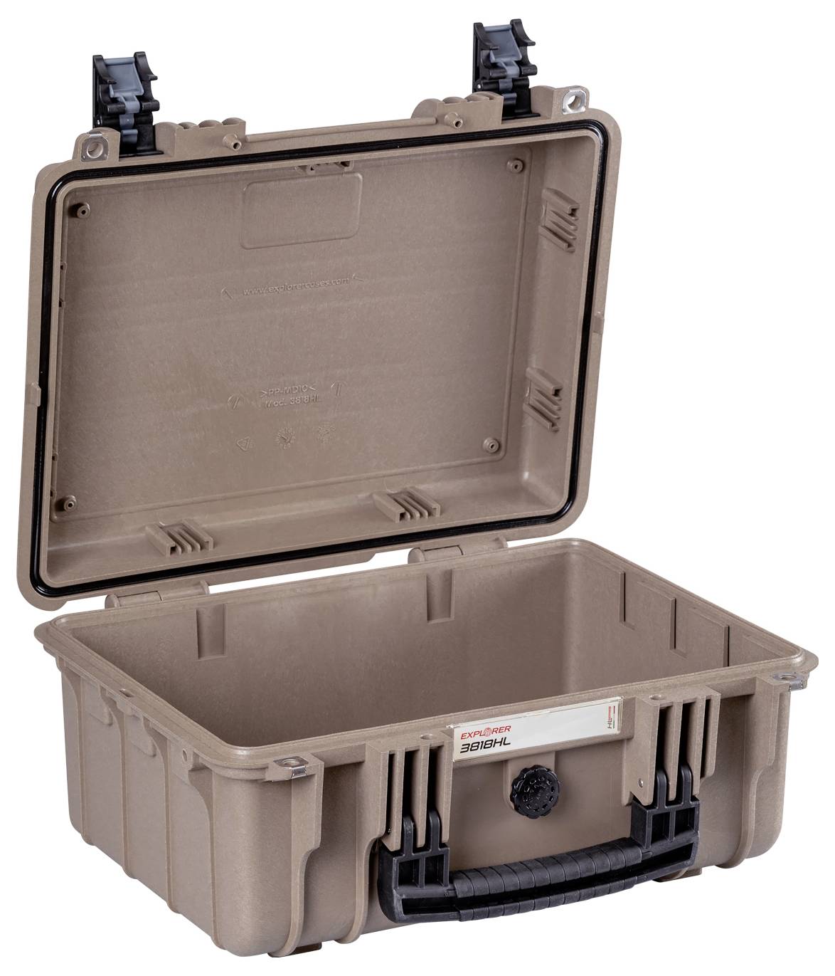 Ein geöffneter, robuster brauner Transportkoffer mit schwarzem Griff und stabilen Verschlüssen, geeignet für den sicheren Transport.