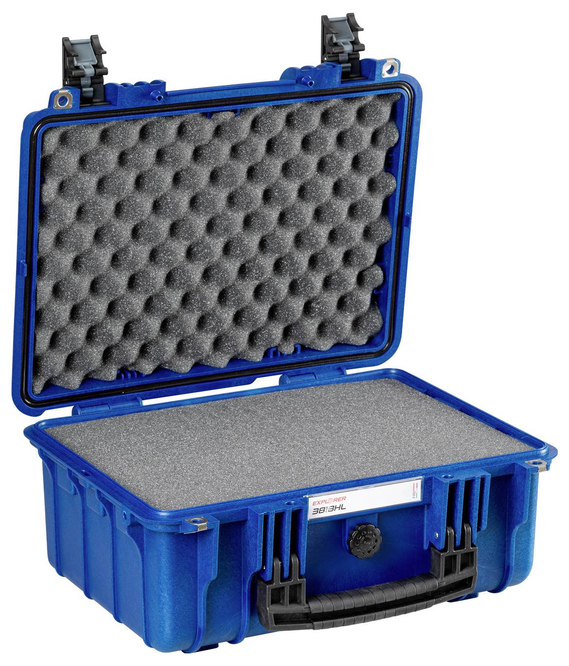 Blauer, geöffneter Hartschalenkoffer mit Schaumstoff ausgekleidet, geeignet für sicheren Transport empfindlicher Geräte.