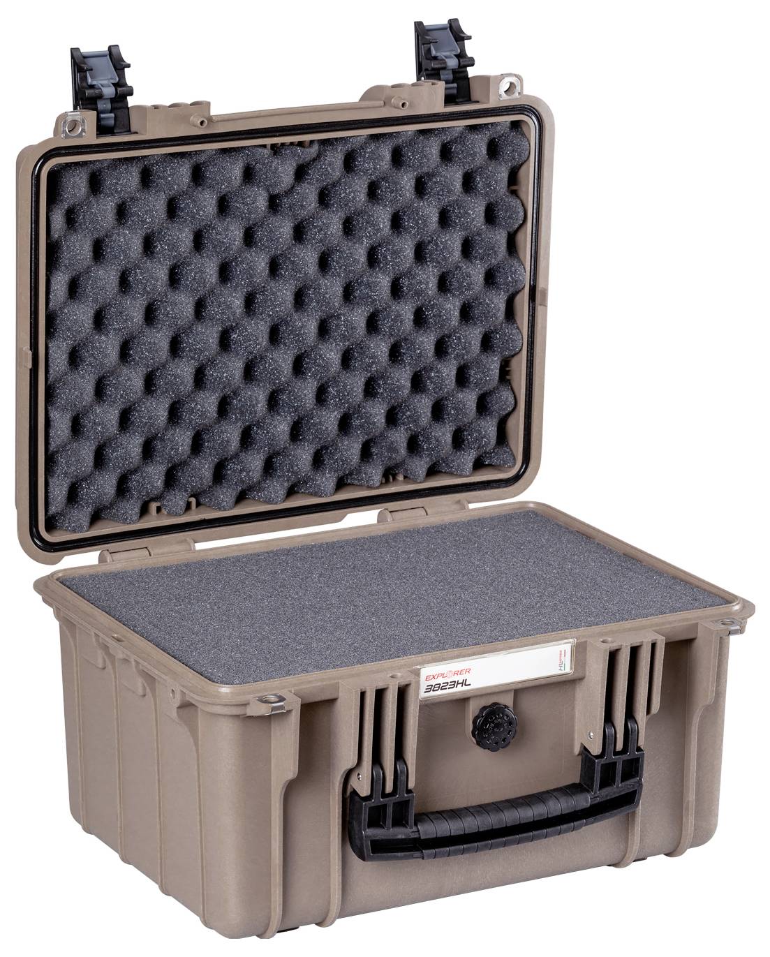 Ein aufklappbarer, robuster Transportkoffer aus braunem Kunststoff mit schwarzem Schaumstoff-Innenfutter für sicheren Schutz des Inhalts.