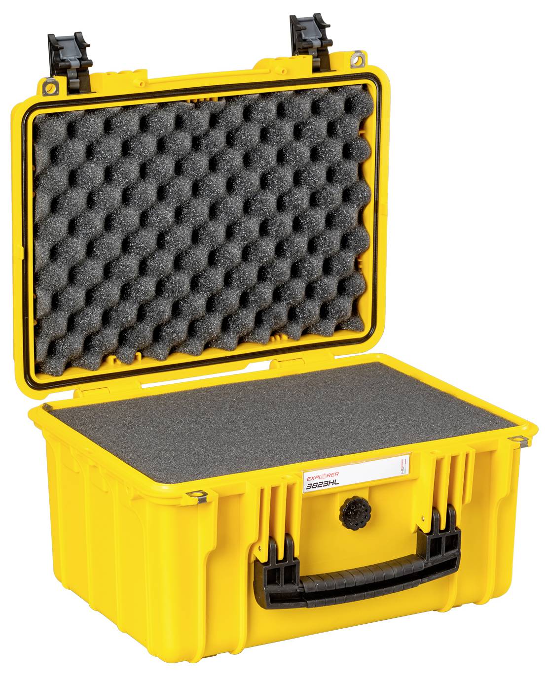 Gelber Hartschalenkoffer mit offenem Deckel, der mit grauem Schaumstoff ausgekleidet ist. Geeignet für sicheren Transport empfindlicher Gegenstände.