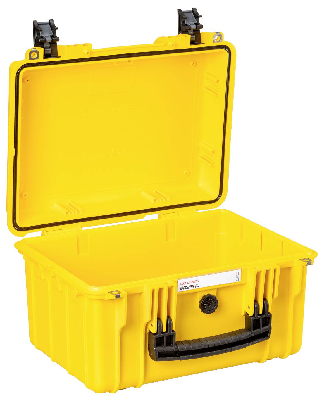 Offener gelber Schutzkoffer mit schwarzem Griff, geeignet zum Transport empfindlicher Geräte.