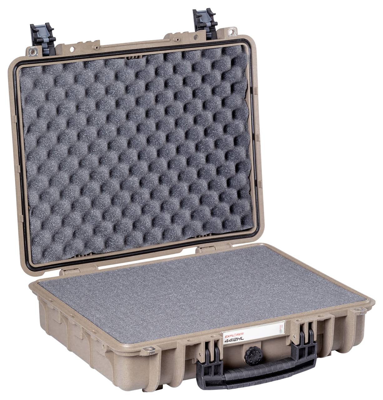 Ein brauner, offener Schutzkoffer mit Schaumstoffpolsterung im Inneren. Der Koffer ist leer und bereit zur Aufnahme von Ausrüstung.