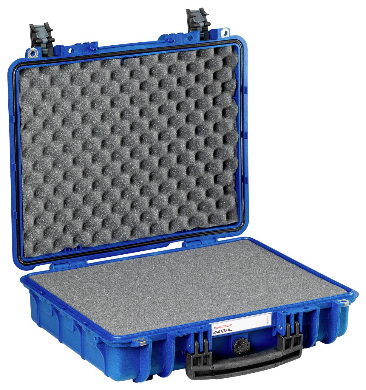Blauer Schutzkoffer aus Kunststoff mit grauem Schaumstoff im Inneren, der zur Aufbewahrung empfindlicher Gegenstände geeignet ist.