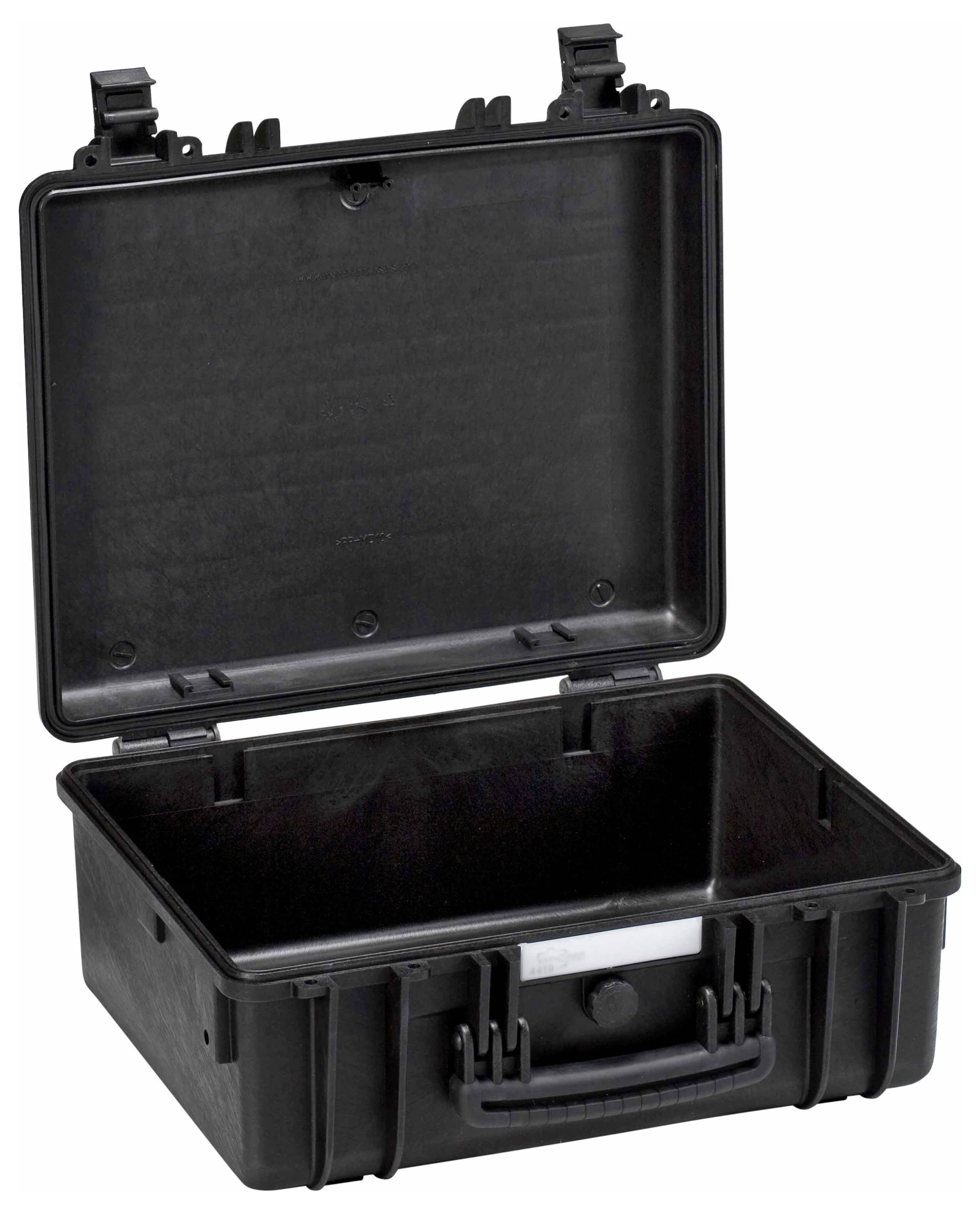 Schwarzer, geöffneter Hartschalenkoffer mit zwei Verschlüssen. Geeignet zum sicheren Transport empfindlicher Gegenstände.