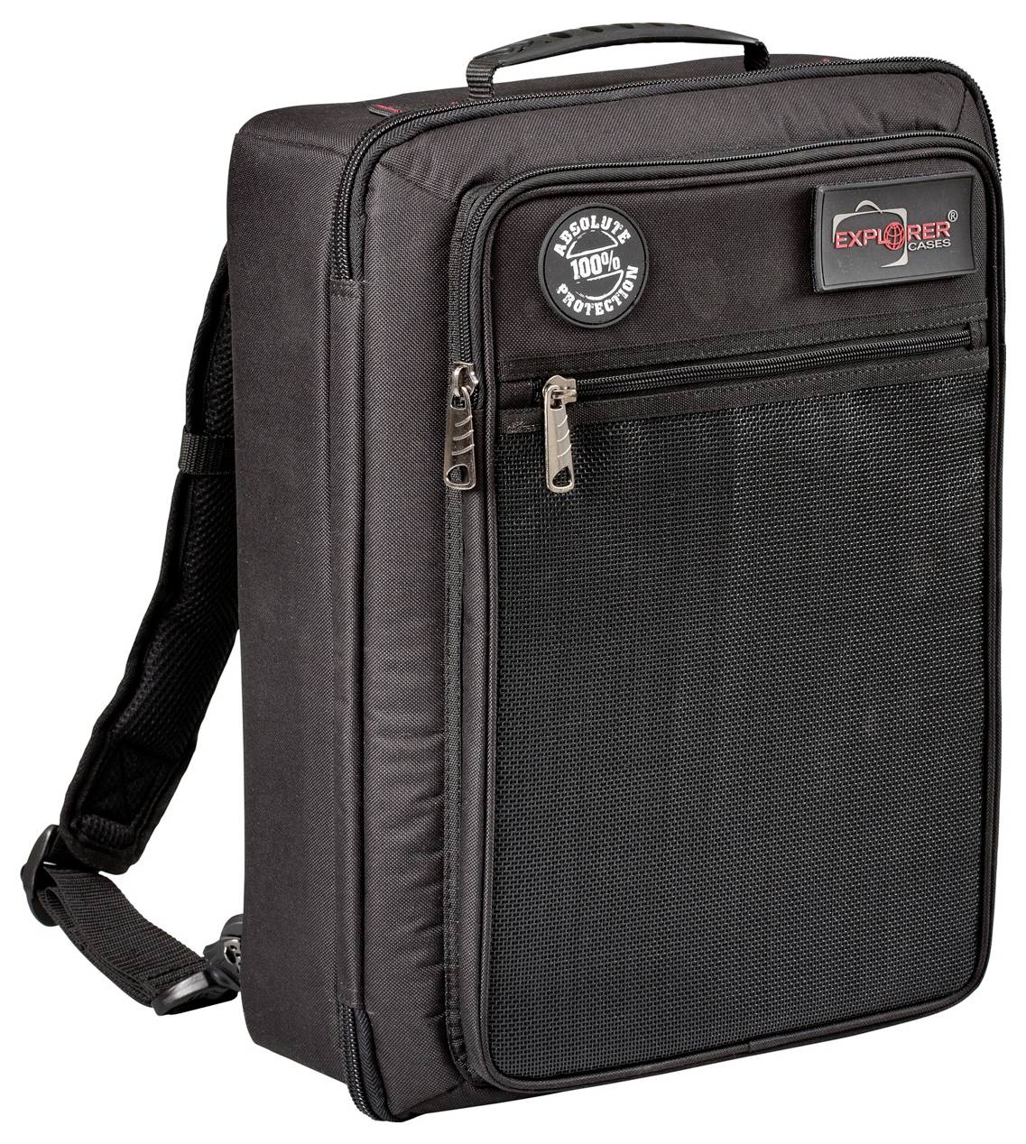 Schwarzer Rucksack mit rechteckiger Form, zeigt ein 'Explorer' Logo und Reißverschlüsse; geeignet für Laptop-Aufbewahrung.