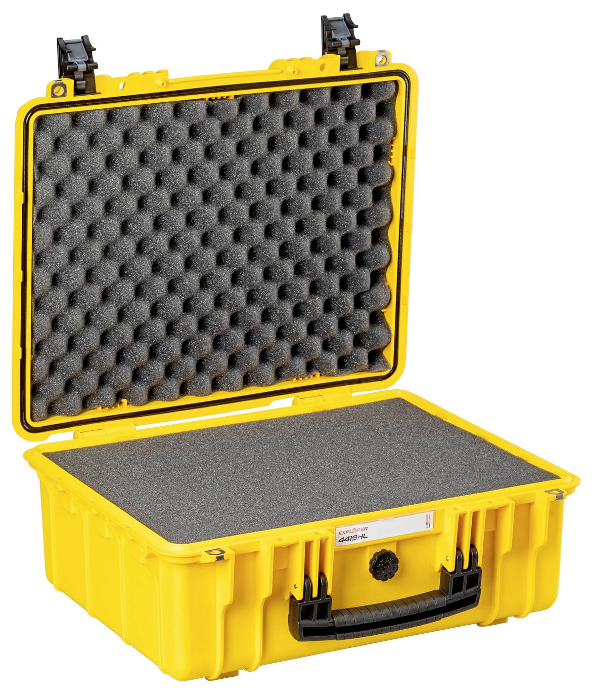 Gelber, offener Hartschalenkoffer mit Schaumstoffpolsterung zum Schutz empfindlicher Gegenstände.