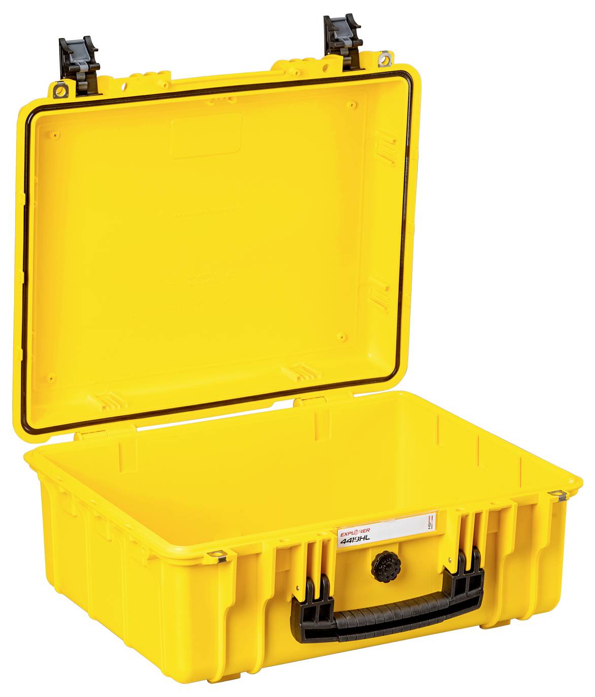 Ein offener gelber Schutzkoffer mit schwarzen Verschlüssen und Griff, ideal zur sicheren Aufbewahrung und zum Transport empfindlicher Gegenstände.