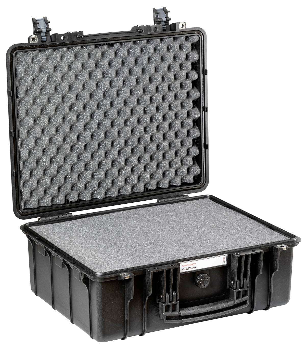 Ein offener schwarzer Hartschalenkoffer mit Schaumstoffeinlage, geeignet zum sicheren Transport empfindlicher Gegenstände.