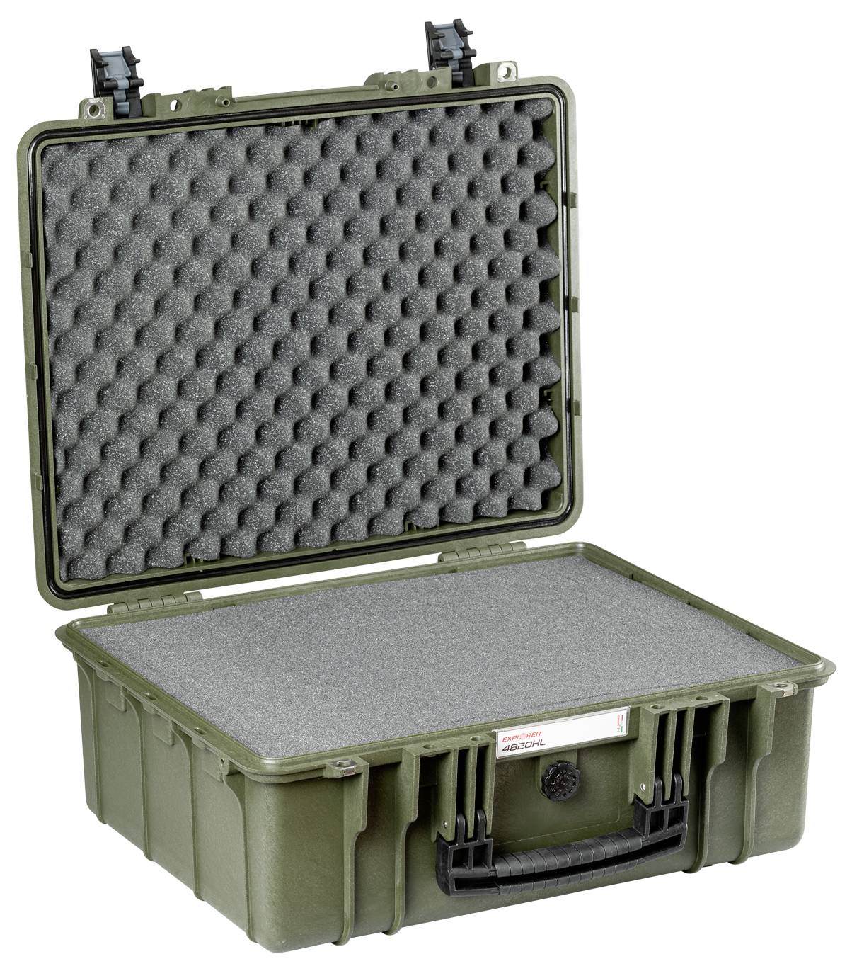 Grüner, robuster Koffer mit offener Schaumstoffpolsterung, geeignet für den sicheren Transport empfindlicher Geräte.