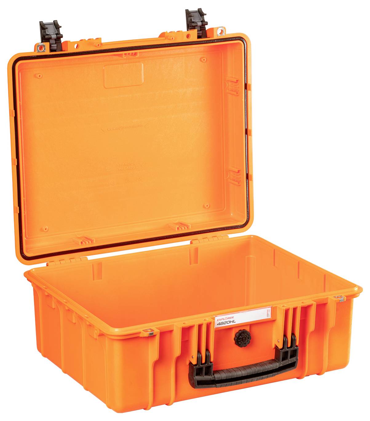 Ein offener, leuchtend orangefarbener Schutzkoffer aus Kunststoff mit schwarzem Griff und Verschlüssen, der robust und wasserfest wirkt.