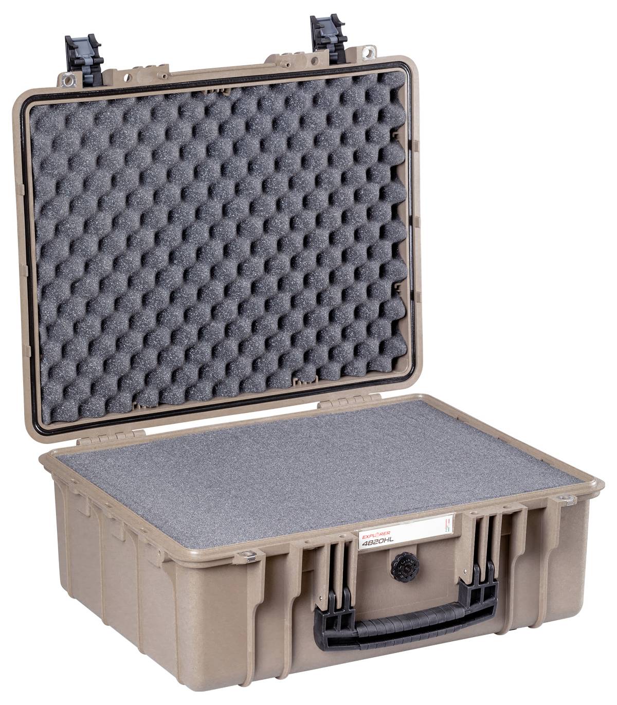 Geöffneter, beige Hartschalenkoffer mit schwarzer Schaumstoffpolsterung zum Schutz von empfindlichen Gegenständen.