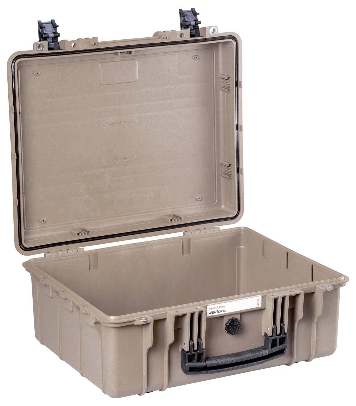 Ein geöffneter, stabiler, hellbrauner Plastikschutzkoffer mit schwarzem Griff. Geeignet für sicheren Transport empfindlicher Gegenstände.