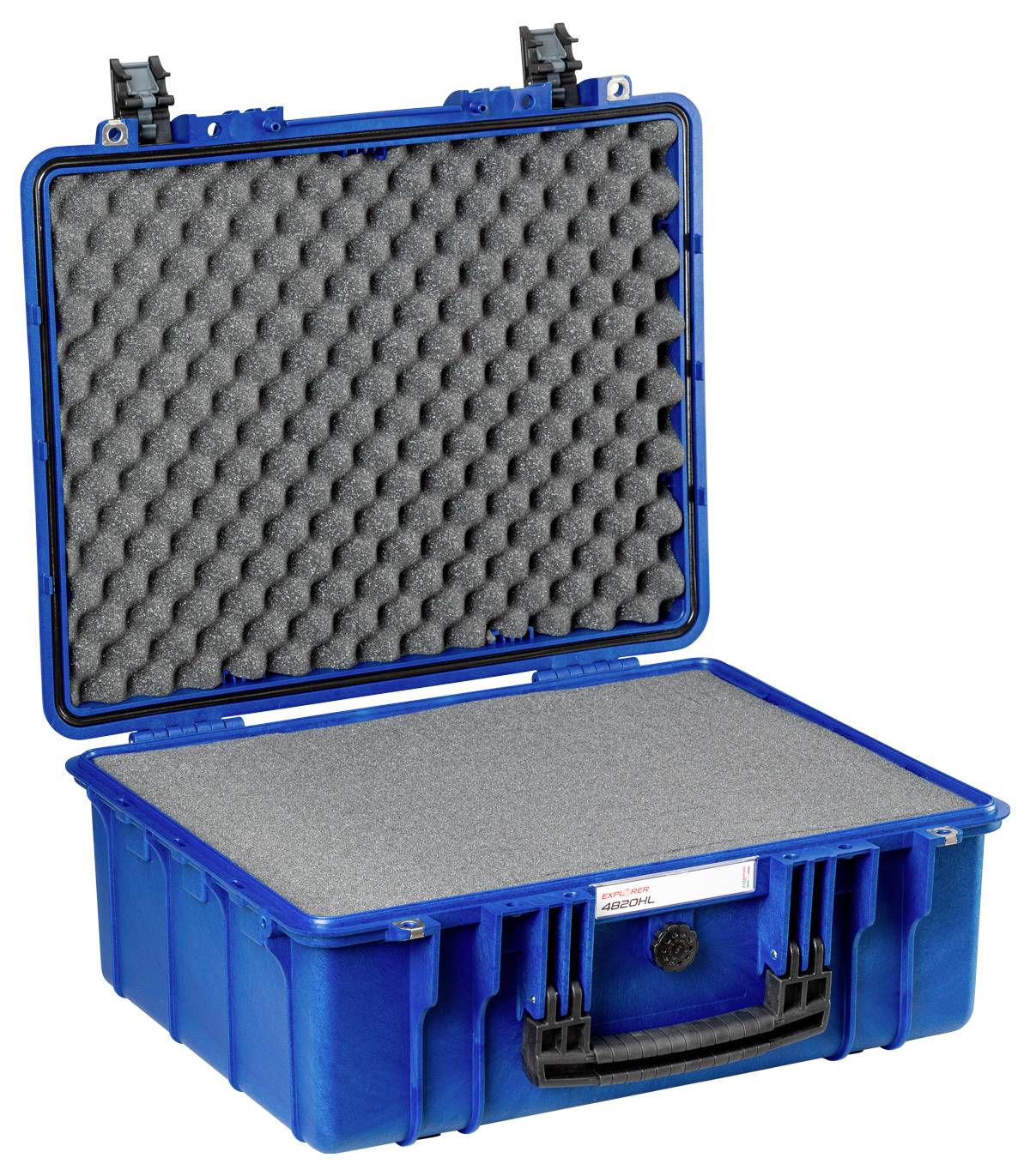 Ein offener blauer Schutzkoffer mit Schaumstoffeinlage zum Schutz empfindlicher Gegenstände. Ideal für Transport und Lagerung.