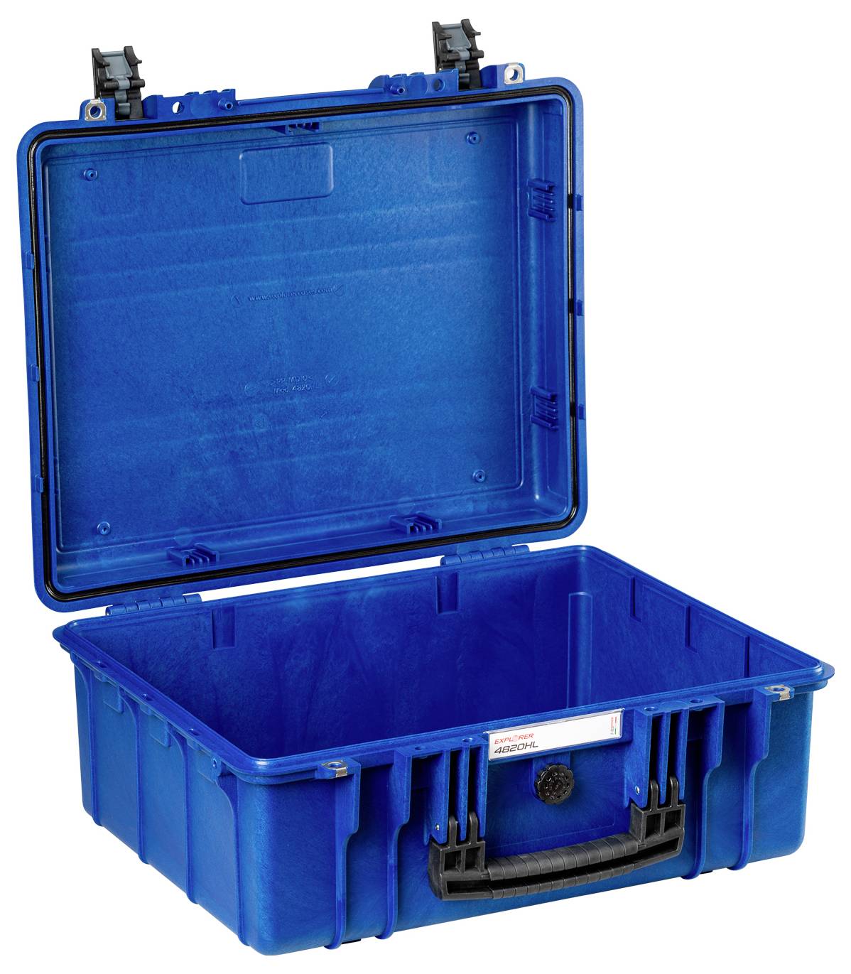 Offener blauer Kunststoffkoffer mit schwarzem Griff und zwei Verschlüssen, geeignet zur sicheren Aufbewahrung und zum Transport.