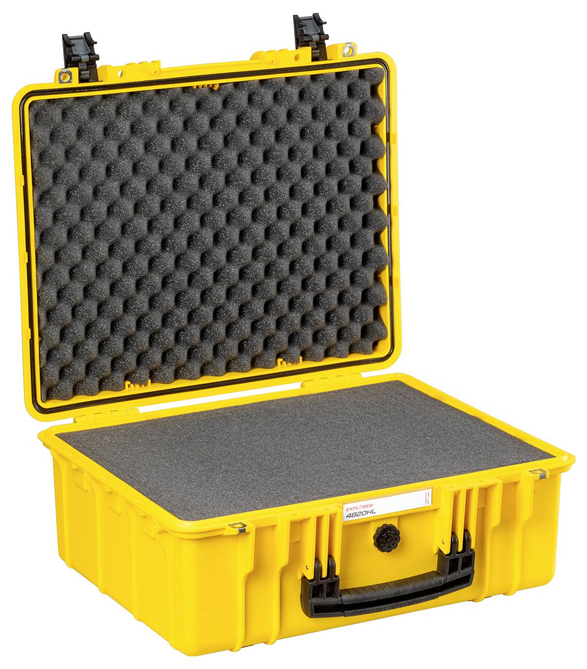 Gelber, geöffneter Hartschalenkoffer mit Schaumstoffpolsterung, geeignet für den sicheren Transport empfindlicher Ausrüstung.