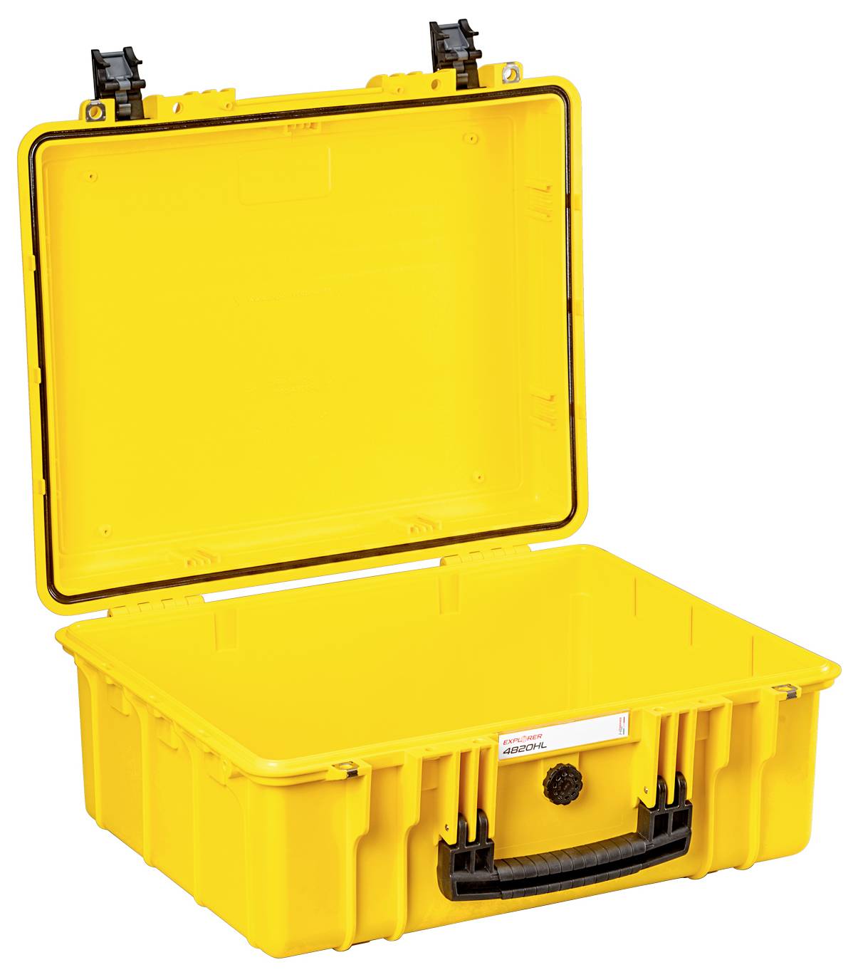 Ein offener, gelber, robuster Aufbewahrungskoffer mit schwarzem Griff, ideal für den sicheren Transport und Schutz von Gegenständen.