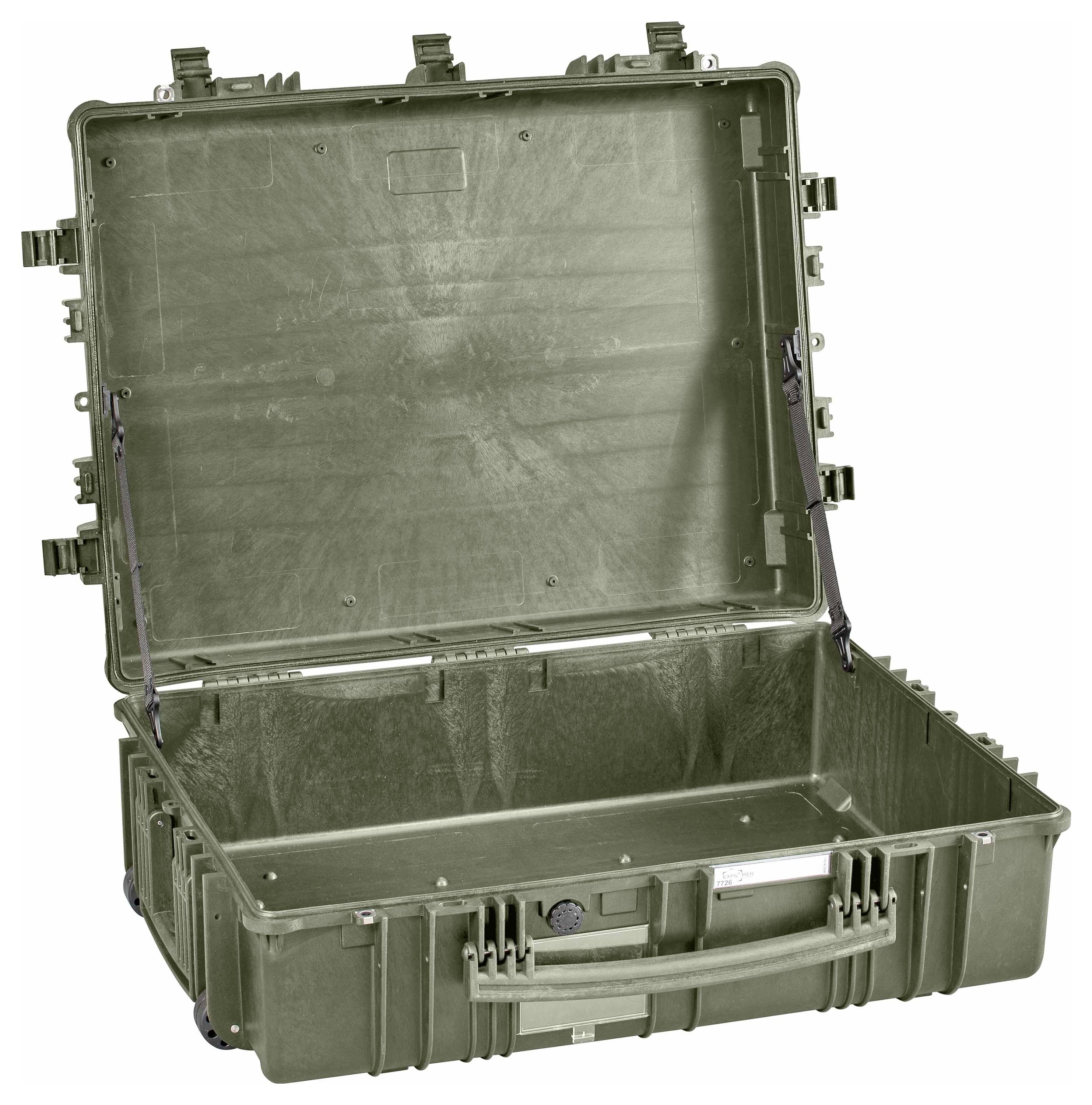 Ein geöffneter, leerer, grüner Hartschalenkoffer mit robustem Design, geeignet für den Schutz empfindlicher Geräte während des Transports.