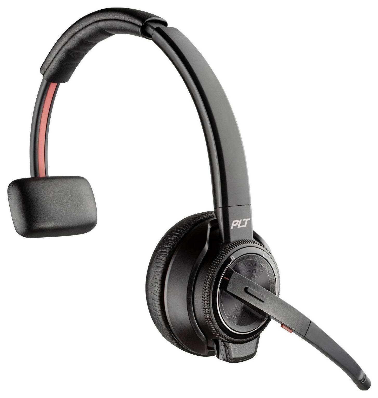 Schwarzes kabelloses Headset mit einohriger Hörmuschel und Mikrofonarm, geeignet für Telefonkonferenzen und mobiles Arbeiten.