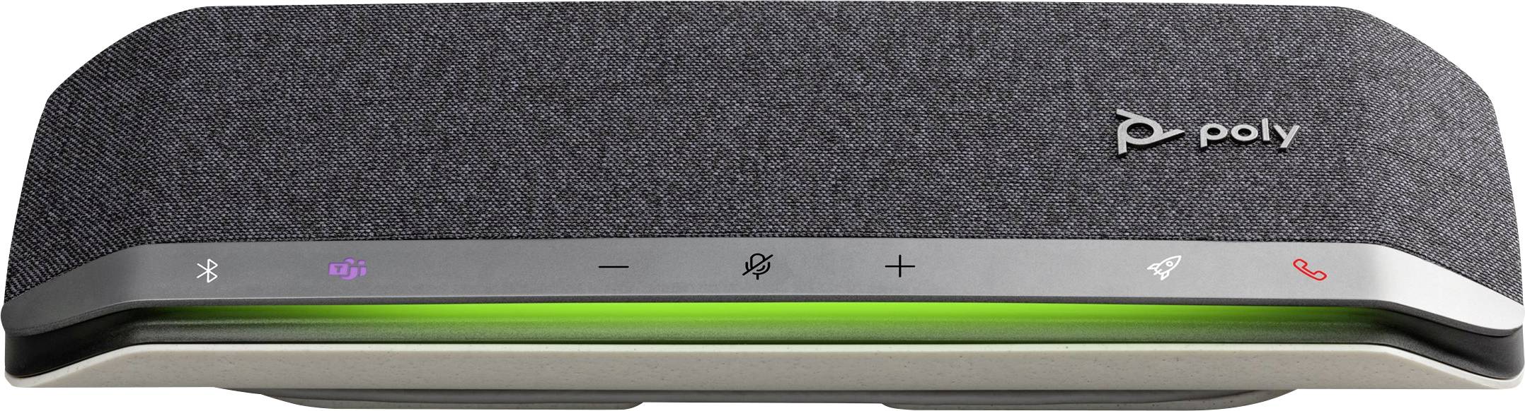 Ein schwarzer Lautsprecher mit mehreren Funktionstasten, darunter Lautstärke, Stummschaltung und Anrufannahme. Leuchtet grün.