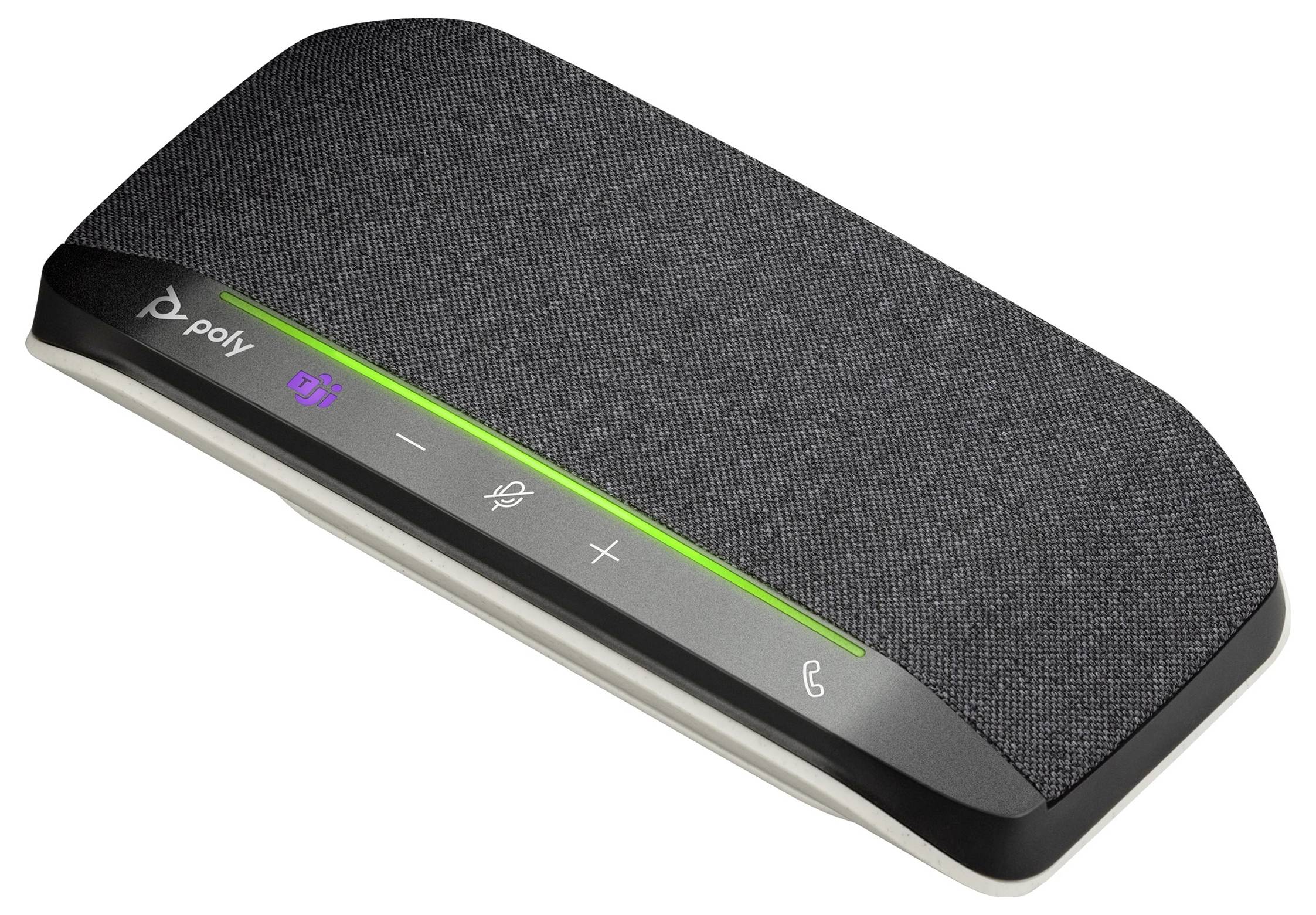 Freisprecheinrichtung in rechteckiger Form mit Stoffoberfläche, mehreren Tasten und LED-Anzeige auf der Vorderseite.