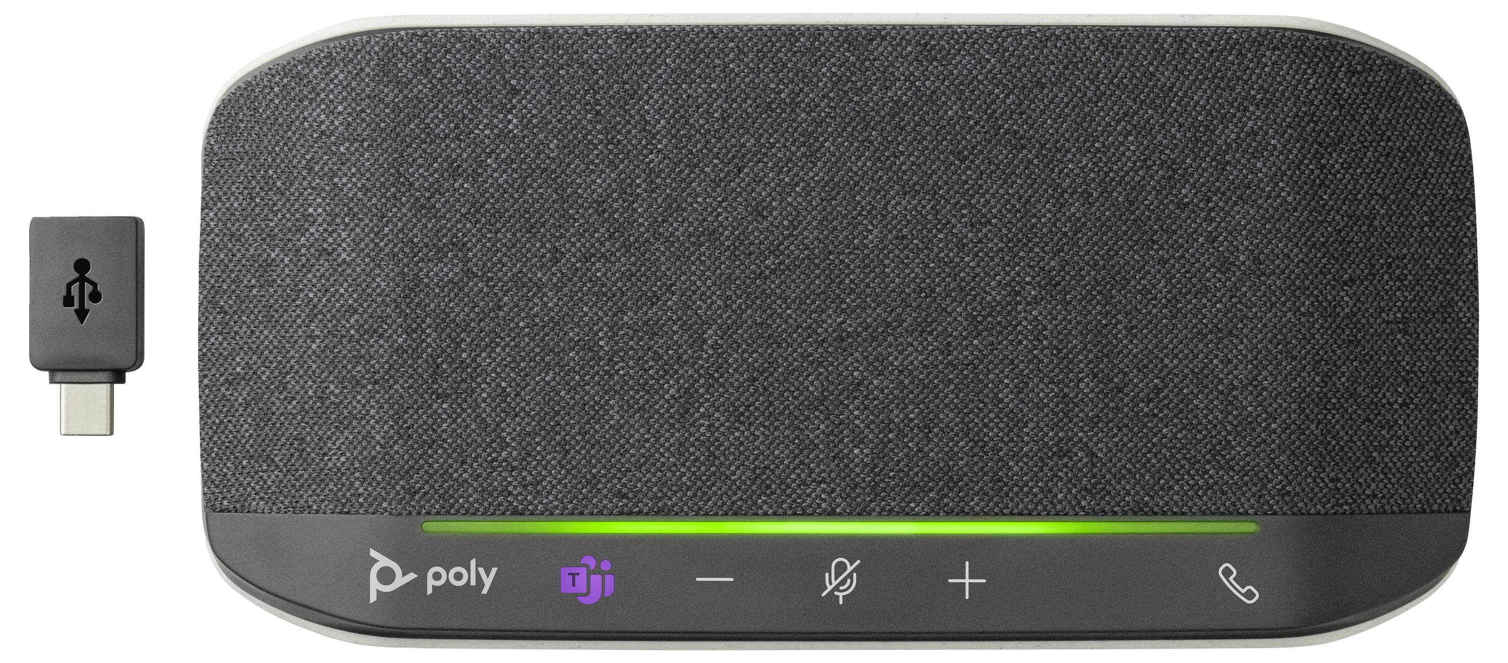 Schwarzer Konferenz-Lautsprecher mit Tasten für Lautstärke, das Stummschalten und Anrufannahme. Markenlogos 'Poly' und 'Microsoft Teams' sichtbar.