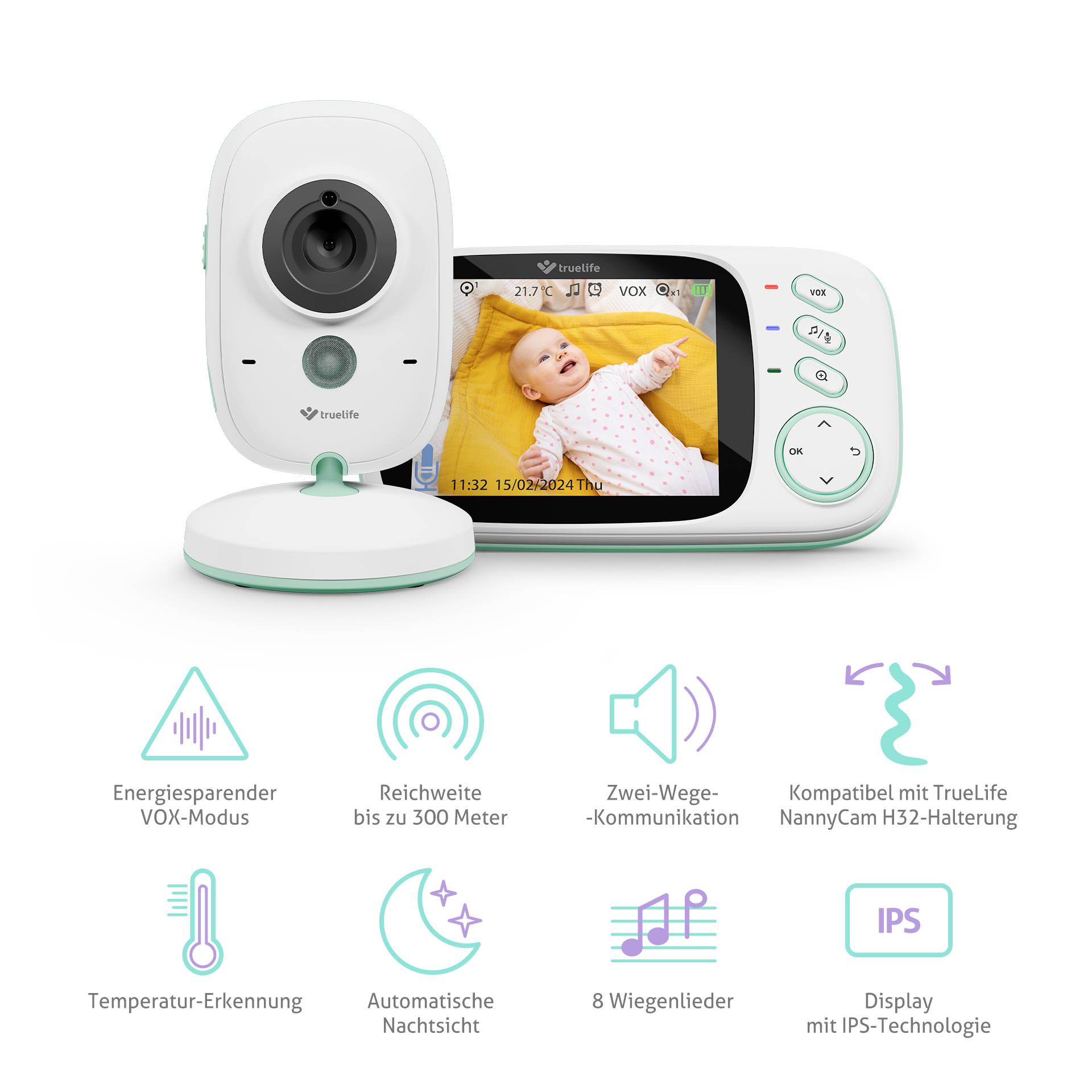 'TrueLife NannyCam H32' Babyphone. Links Kamera, rechts Monitor mit Bild eines Babys. Symbole unten beschreiben Funktionen wie VOX-Modus, 300m Reichweite und Zwei-Wege-Kommunikation.